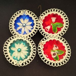 Vintage Jeweltone Midcentury Floral Decorative Diorama Christmas Ornament Set